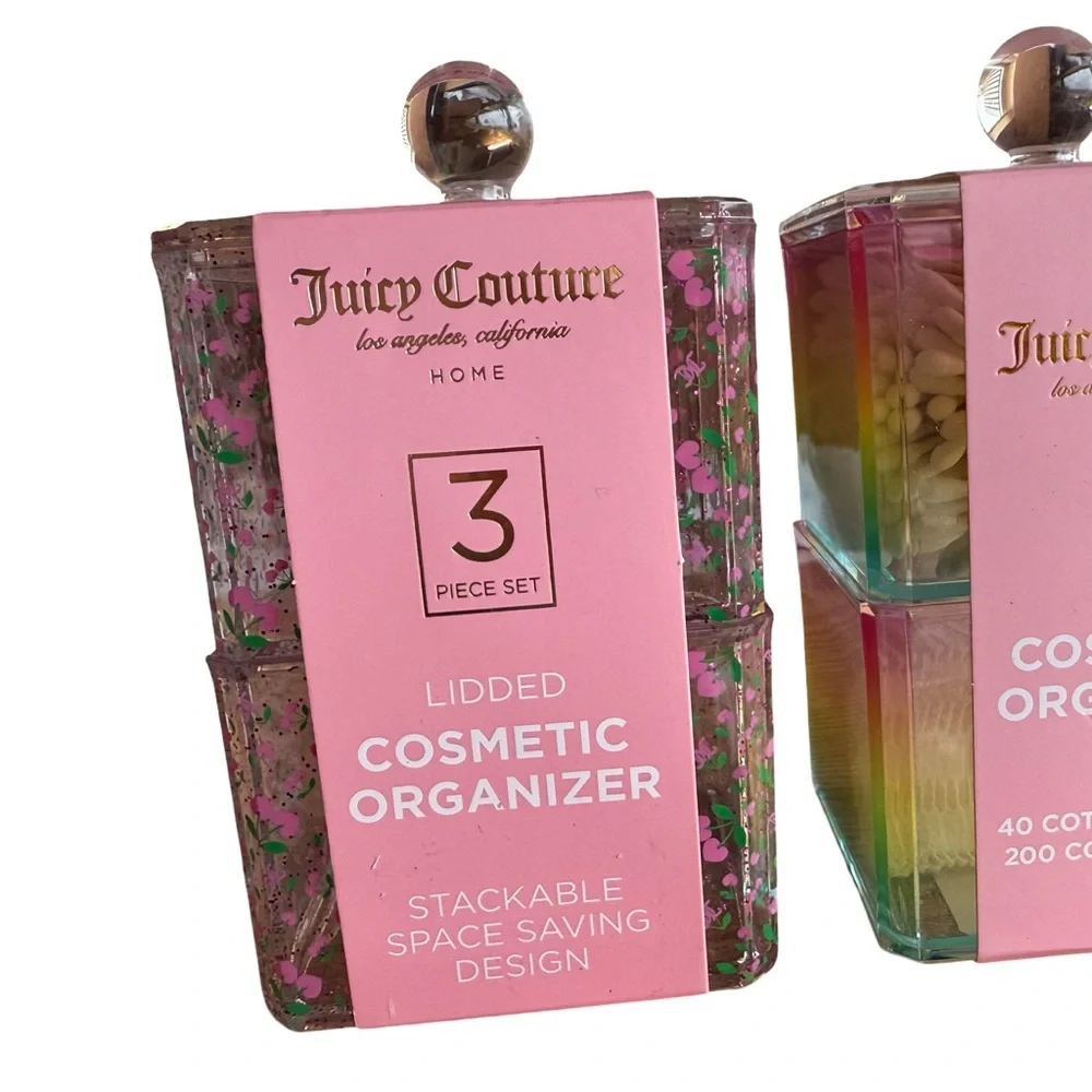 Juicy Couture NWT Acrylic Vanity Set Lidded Organizers Q-Tips & Cotton Pads